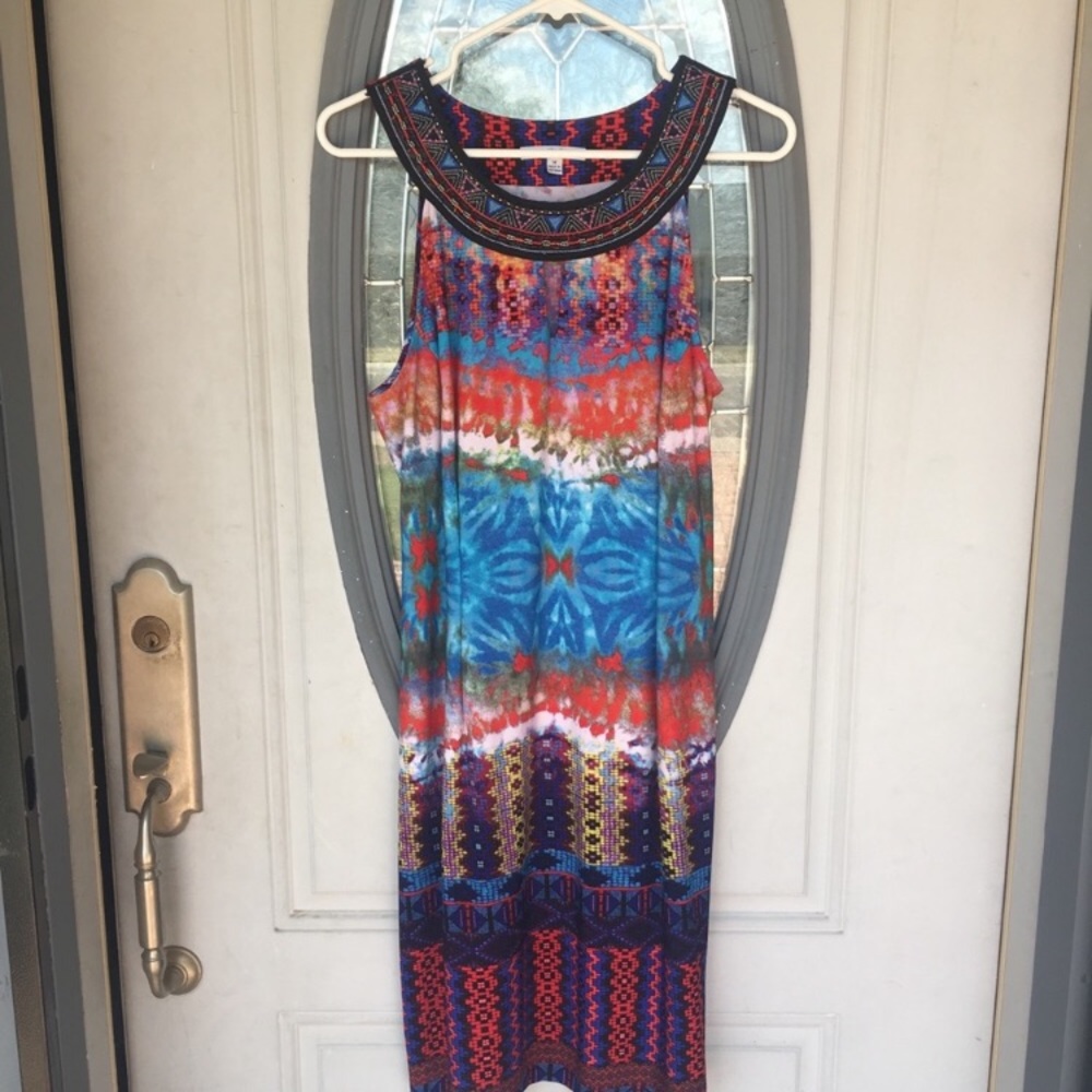 Beaded collar sleeveless red printed dress boho